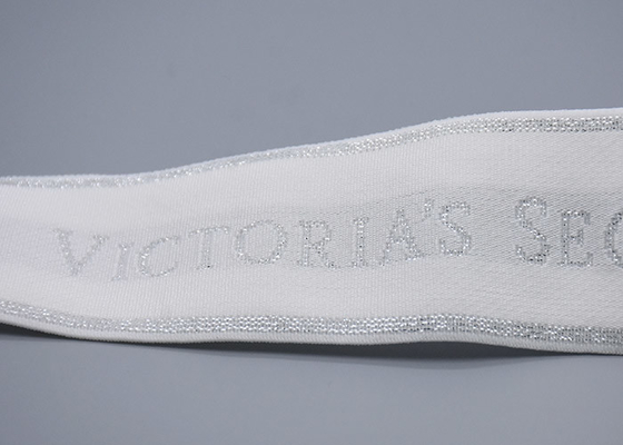 Quần áo Băng đàn hồi Jacquard trắng 35mm tùy chỉnh với Logo bạc sáng bóng